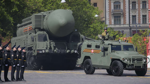 Russian RS-24 Yars nuclear missile complex (NATO reporting name: SS-29) arrives during the main rehearsals of the military parade, in Red Square on May 5, 2024.