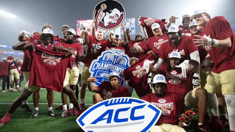 The Florida State Seminoles celebrate after defeating the Louisville Cardinals 16-6 during the ACC Championship