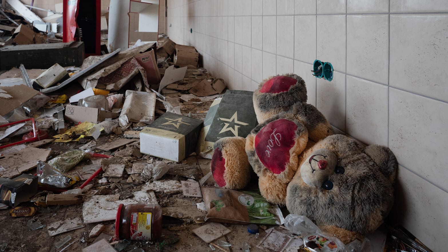 A food store on the central square of Trostyanets, Ukraine, after being completely looted by Russian and separatist soldiers, April 22, 2022.