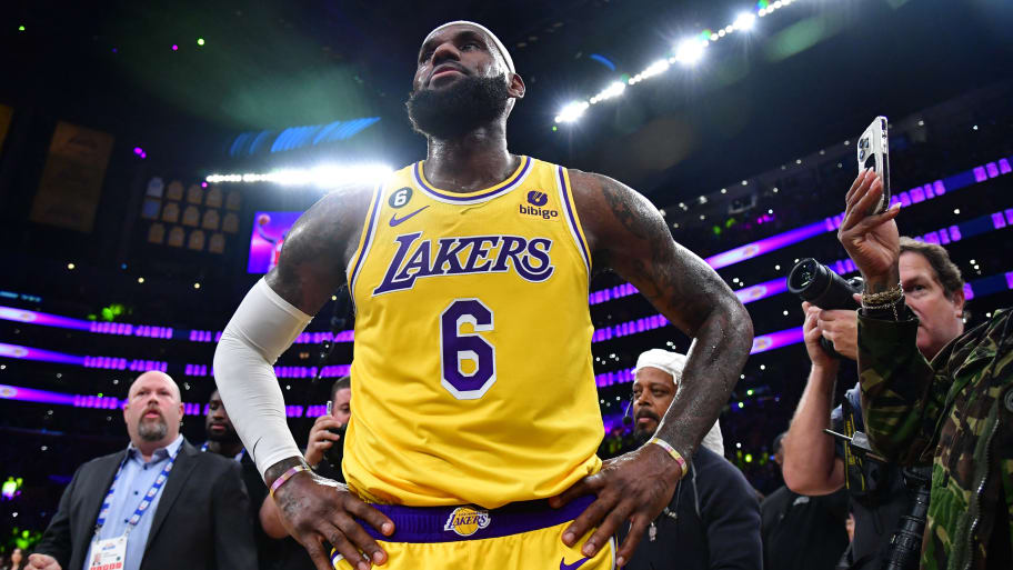 Los Angeles Lakers forward LeBron James (6) celebrates after breaking the record for all-time scoring in the NBA.