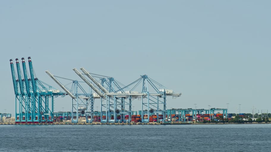 Cranes and containers at the port of Norfolk, Virginia.