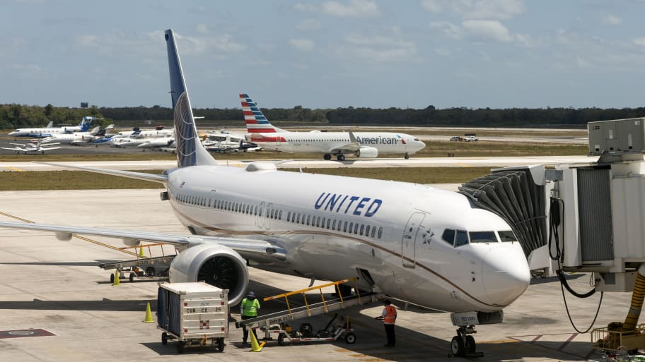 United Airlines Boeing 737 plane at Cancun airport, Mexico.