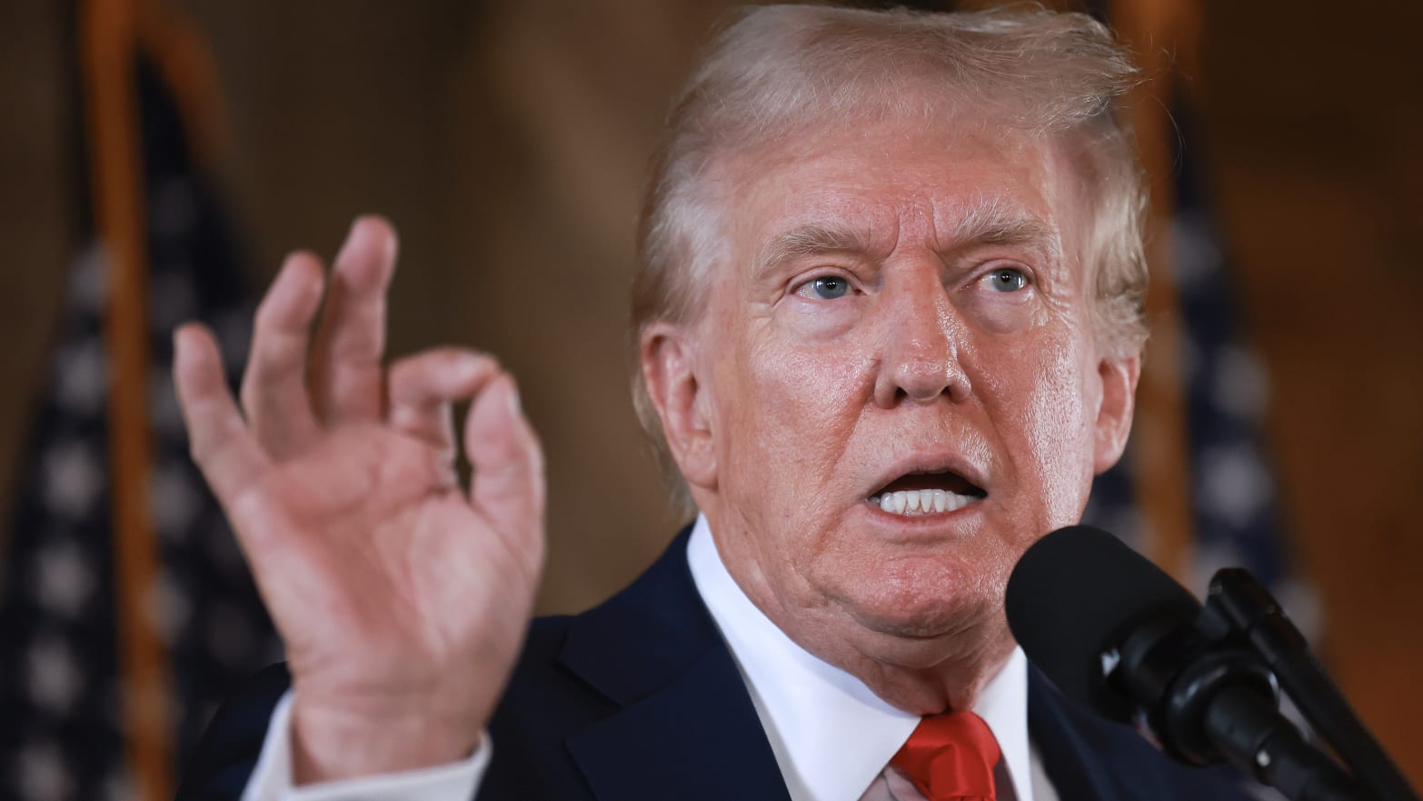 Republican presidential candidate former President Donald Trump speaks during a press conference at his Mar-a-Lago estate.