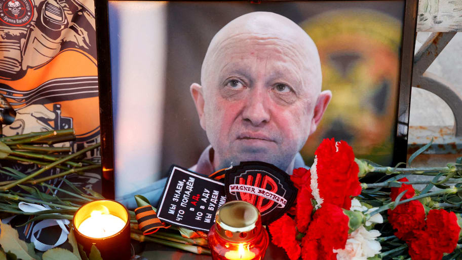 A view shows a portrait of Wagner mercenary chief Yevgeny Prigozhin at a makeshift memorial in Moscow, Russia.