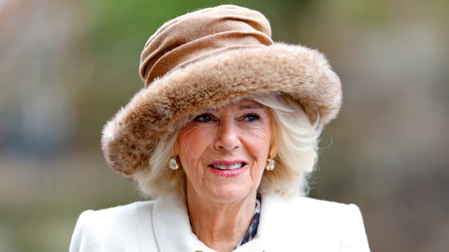 Queen Camilla (wearing the late Queen Elizabeth II’s gold, diamond and sapphire flower brooches) attends the Royal Maundy Service at Worcester Cathedral on March 28, 2024, in Worcester, England. 