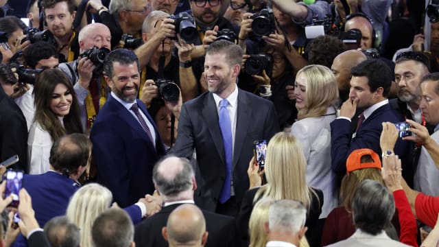 Donald Trump Jr. and Eric Trump attend the first day of the Republican National Convention at the Fiserv Forum on July 15, 2024 in Milwaukee, Wisconsin.