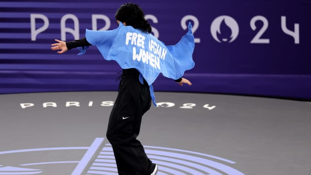 B-girl Talash toprocking at the Paris Olympics