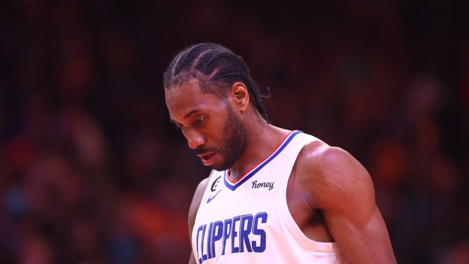 Phoenix, Arizona, USA; Los Angeles Clippers forward Kawhi Leonard reacts against the Phoenix Suns in the second half during game two of the 2023 NBA playoffs at Footprint Center.