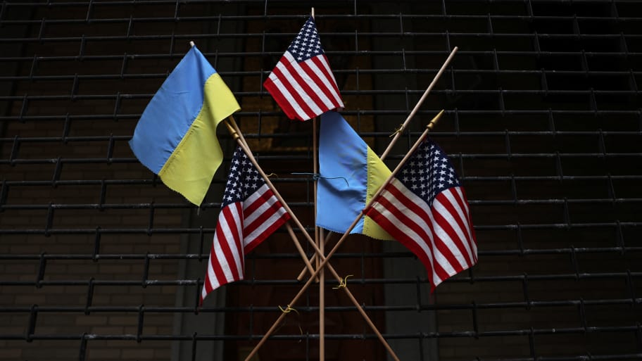 American and Ukrainian flags hanging together.