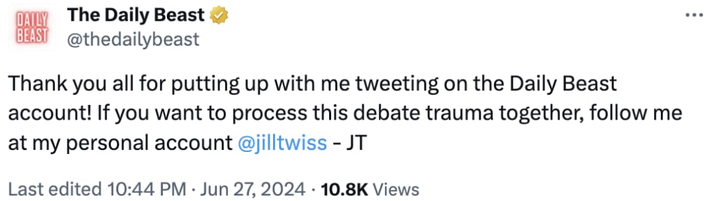 A tweet by Jill Twiss on the Trump-Biden debate.