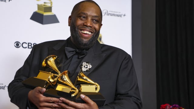 Killer Mike poses with his Grammy for the Best Rap Album award, the Best Rap Performance award and the Best Rap Song award.