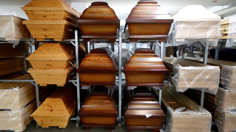 Empty coffins in a funeral home.
