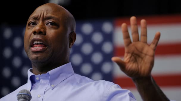 Republican presidential candidate and U.S. Senator Tim Scott (R-SC) speaks at a campaign town hall meeting at the New Hampshire Institute of Politics at Saint Anselm College in Manchester, New Hampshire, U.S., May 8, 2023.