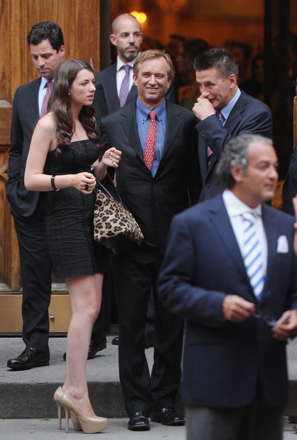 Robert Kennedy, Jr. (C), daughter Kyra LeMoyne Kennedy (L), and actor Billy Baldwin (R) attend Alec Baldwin and Hilaria Thomas' wedding ceremony at St. Patrick's Old Cathedral on June 30, 2012.  