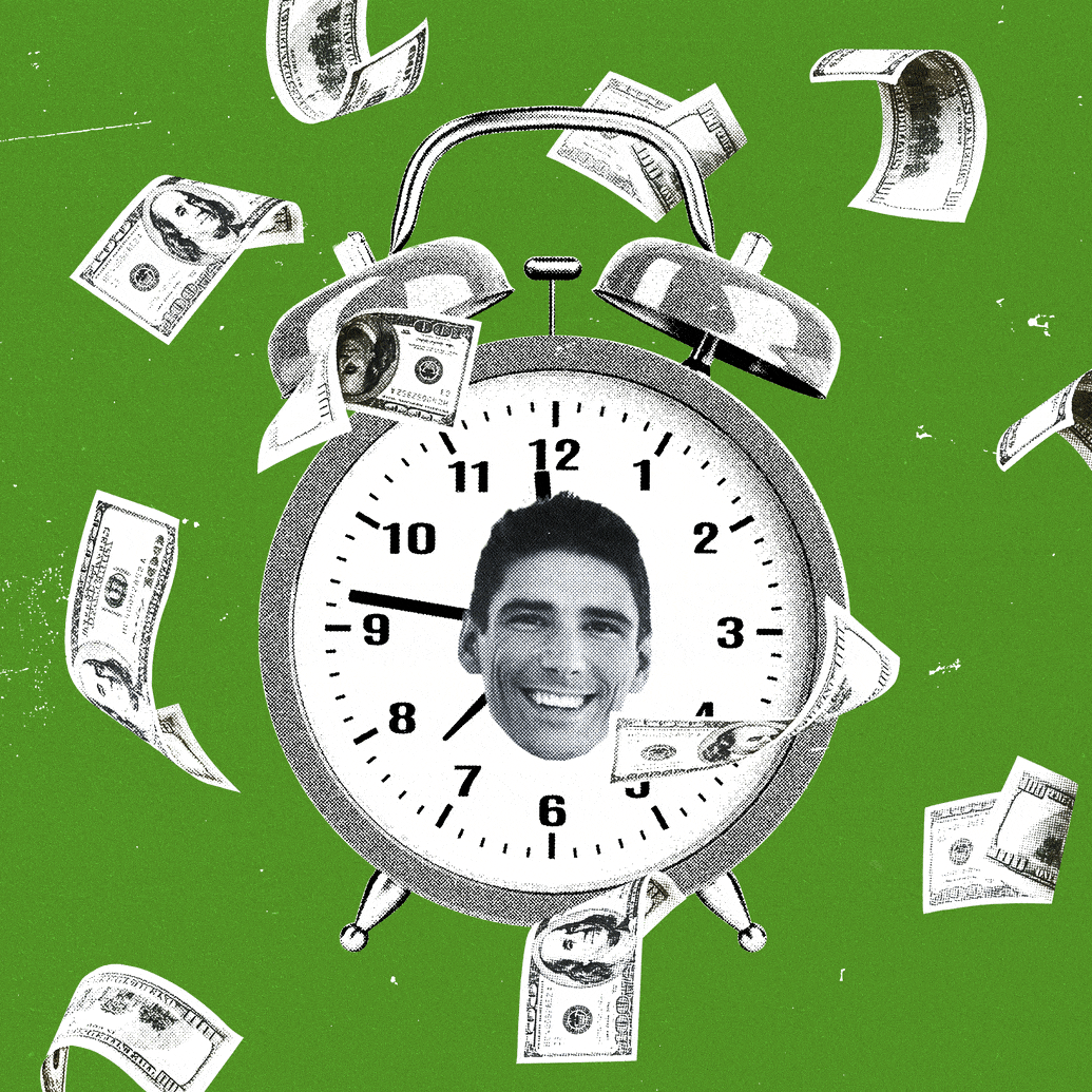 Tom Datwyler’s head spins around on an alarm clock while money floats around it
