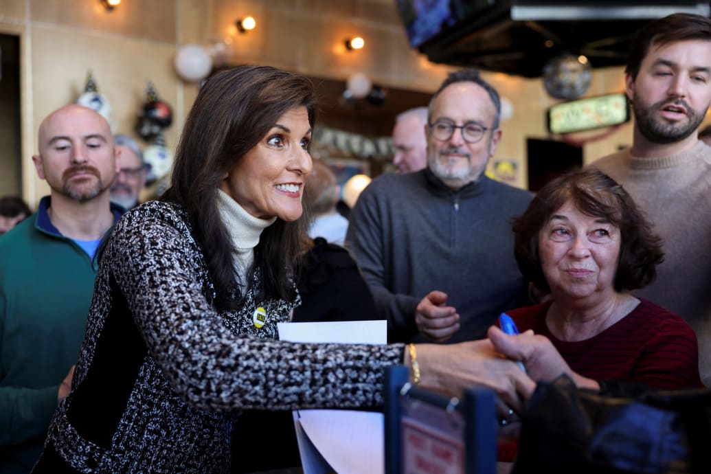 Republican presidential candidate Nikki Haley attends a Lady Hawkeyes Tailgate campaign event in Coralville, Iowa.
