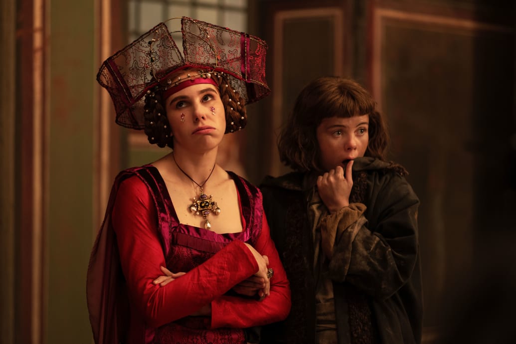 A still from Netflix’s The Decameron showing  Zosia Mamet as Pampinea and Saoirse-Monica Jackson as Misia