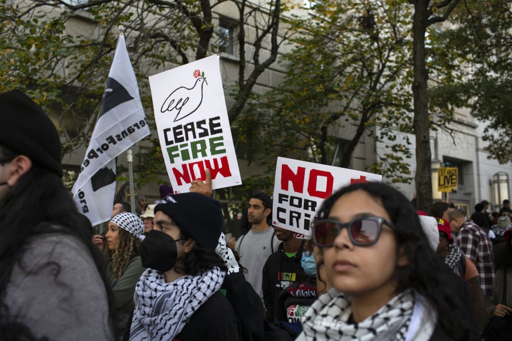 A photo of a demonstrator holding a sign with ‘Ceasefire Now’ written on it, at a pro-Palestinian march in Washington, D.C. on November 4.
