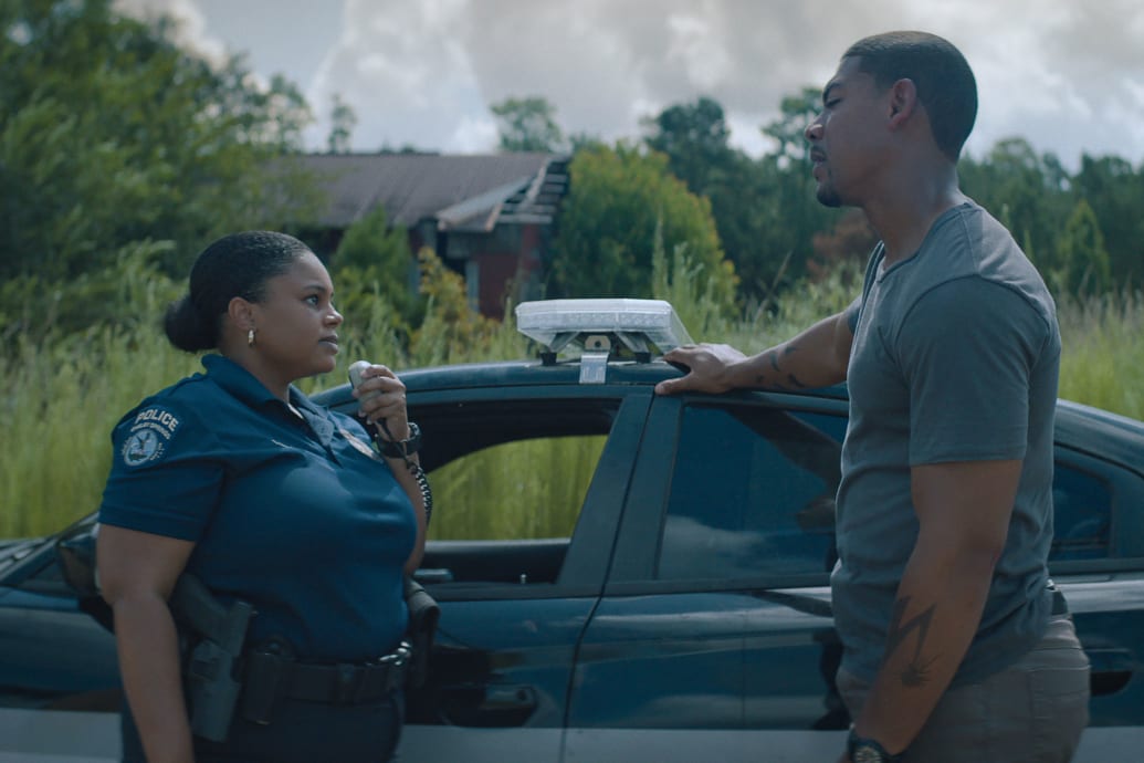 Zsané Jhé as Officer Jessica Sims and Aaron Pierre as Terry Richmond in Rebel Ridge.