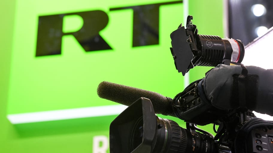 A camera stand for Russia's state-controlled Russia Today (RT) broadcaster is pictured at an event on May 24, 2018 in Saint Petersburg.