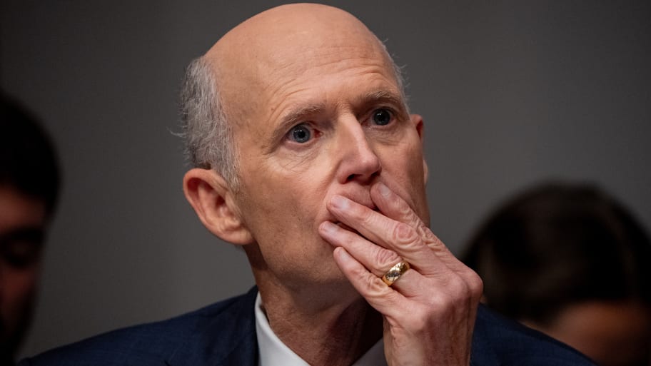 Sen. Rick Scott (R-FL) listens to testimony at a Senate Homeland Security and Governmental Affairs committee hearing on the department's budget request on Capitol Hill on April 18, 2024 in Washington, DC.
