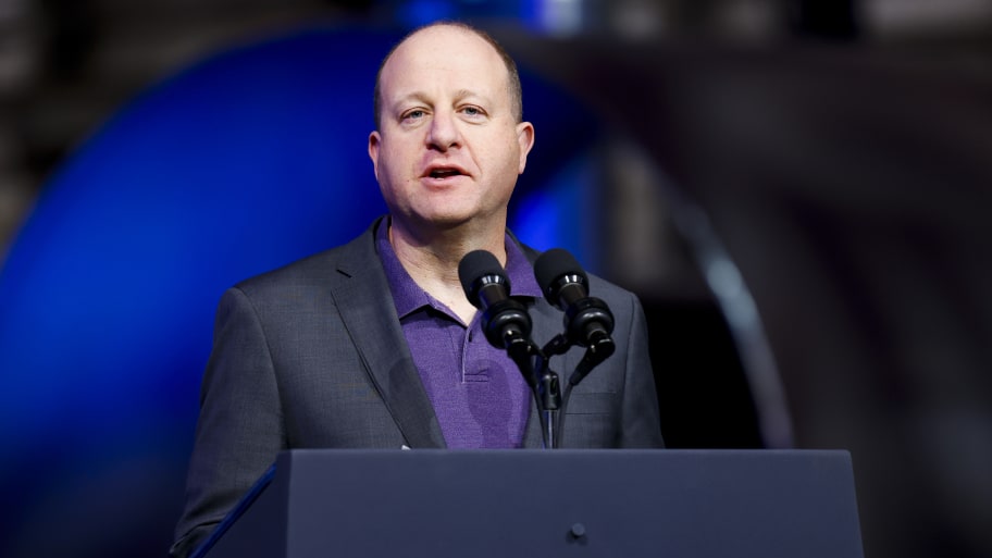 Governor Jared Polis speaking in Pueblo, Colorado. 