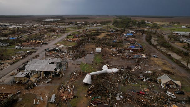 An aerial view of the wreckage in the town after thunderstorms spawning high straight-line winds and tornadoes ripped across the state in Rolling Fork, Mississippi.