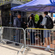 People check in at a security tent at Columbia University on April 24, 2024 in New York City. 
