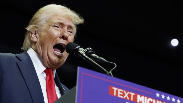Republican presidential nominee, former U.S. President Donald Trump speaks during a campaign rally at the Van Andel Arena on July 20, 2024 in Grand Rapids, Michigan. 