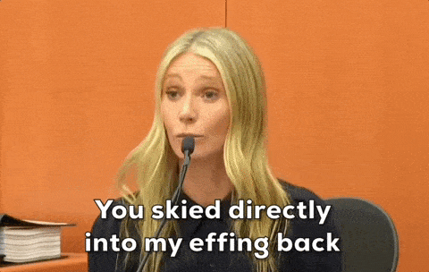 gif of Gwyneth on the stand with text reading "You skied right into my effing back"