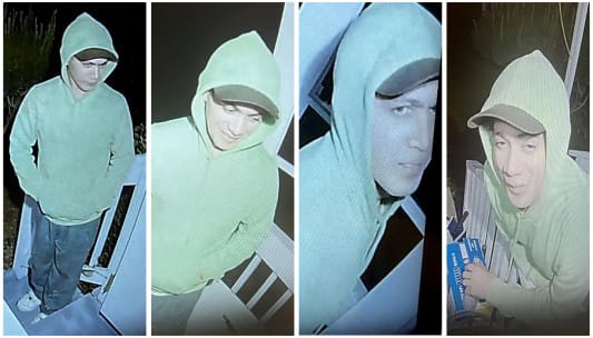 Danelo Cavalcante in four stills from a security camera, wearing a green hoodie.