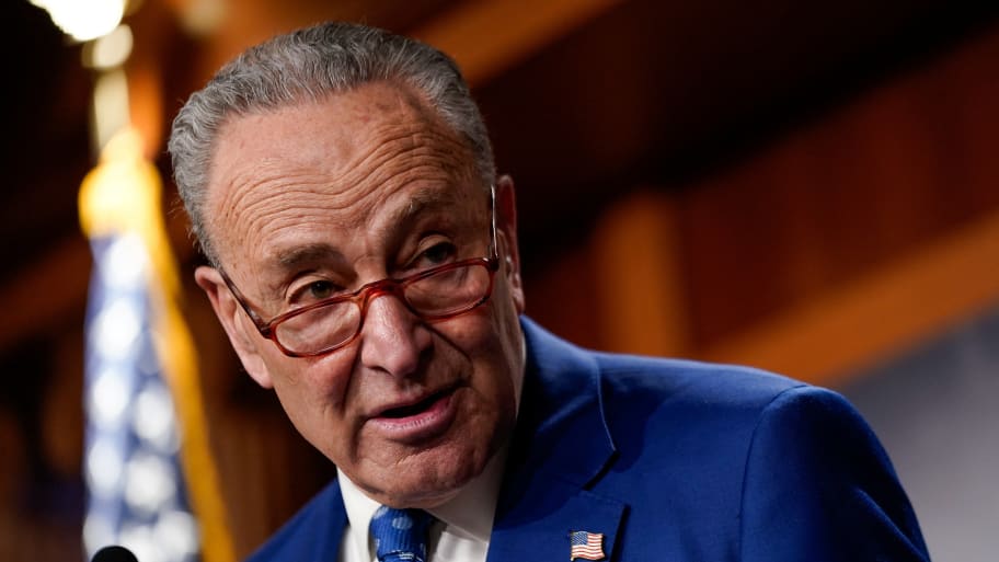 Senate Majority Leader Chuck Schumer (D-NY) speaks during a news conference ahead of U.S. President Joe Biden’s State of the Union Address in Washington, DC.