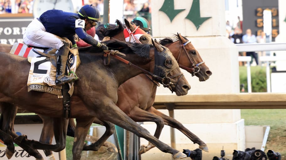 Mystik Dan #3, ridden by jockey Brian J. Hernandez Jr. crosses the finish line to win the 150th running of the Kentucky Derby at Churchill Downs on May 04, 2024 in Louisville, Kentucky.