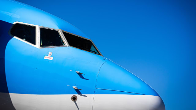The nose of a Boeing 737-8 aircraft on the grounds of Hanover-Langenhagen Airport.