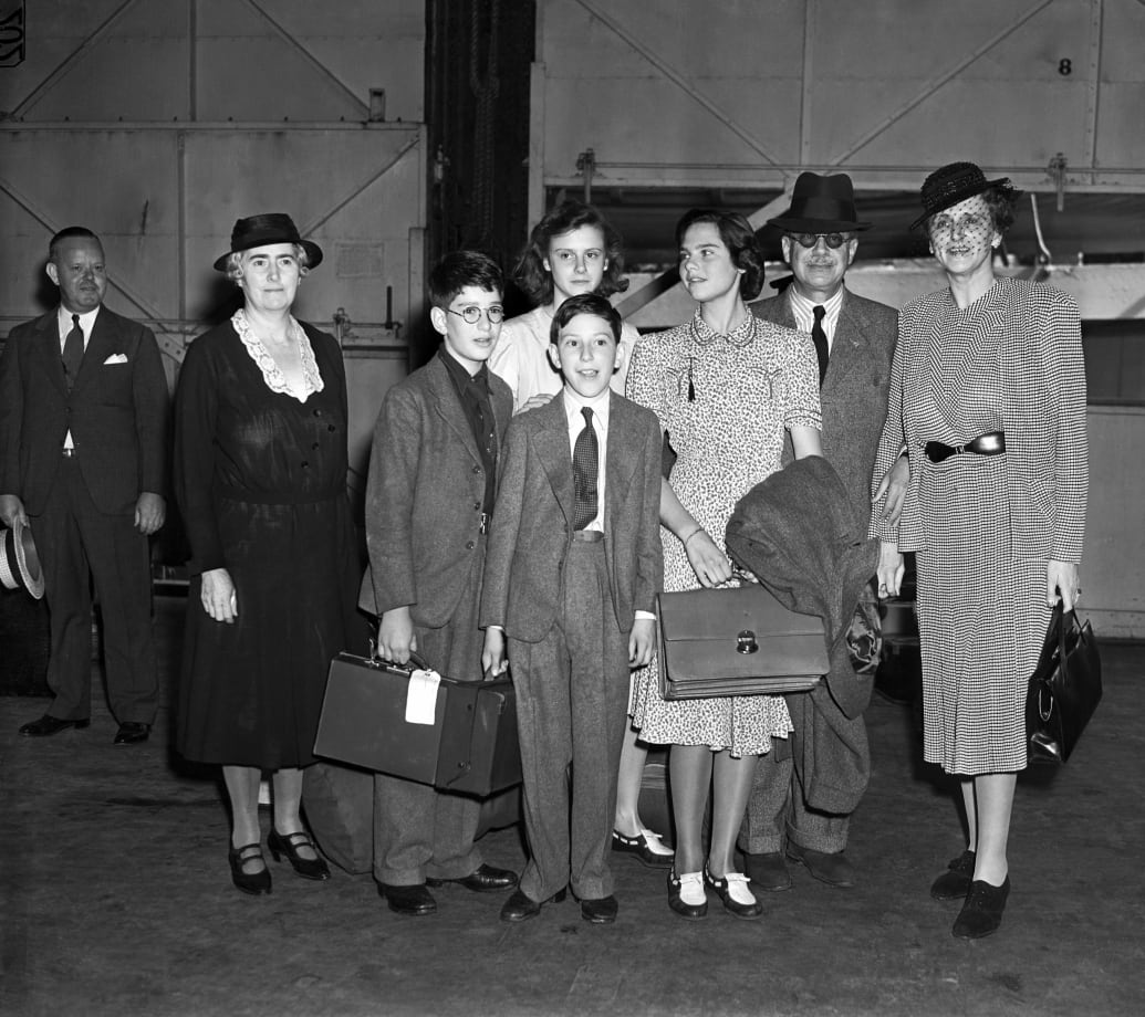 A photograph of Baron Alphonse Rothschild, formerly of Vienna, with his wife and daughters after arriving in New York City as refugees on the British liner Samaria on July 8, 1940.