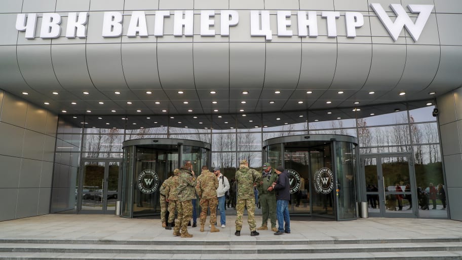 Visitors gather outside PMC Wagner Centre, which is a project implemented by the businessman and founder of the Wagner private military group Yevgeny Prigozhin, during the official opening of the office block in Saint Petersburg, Russia, November 4, 2022.