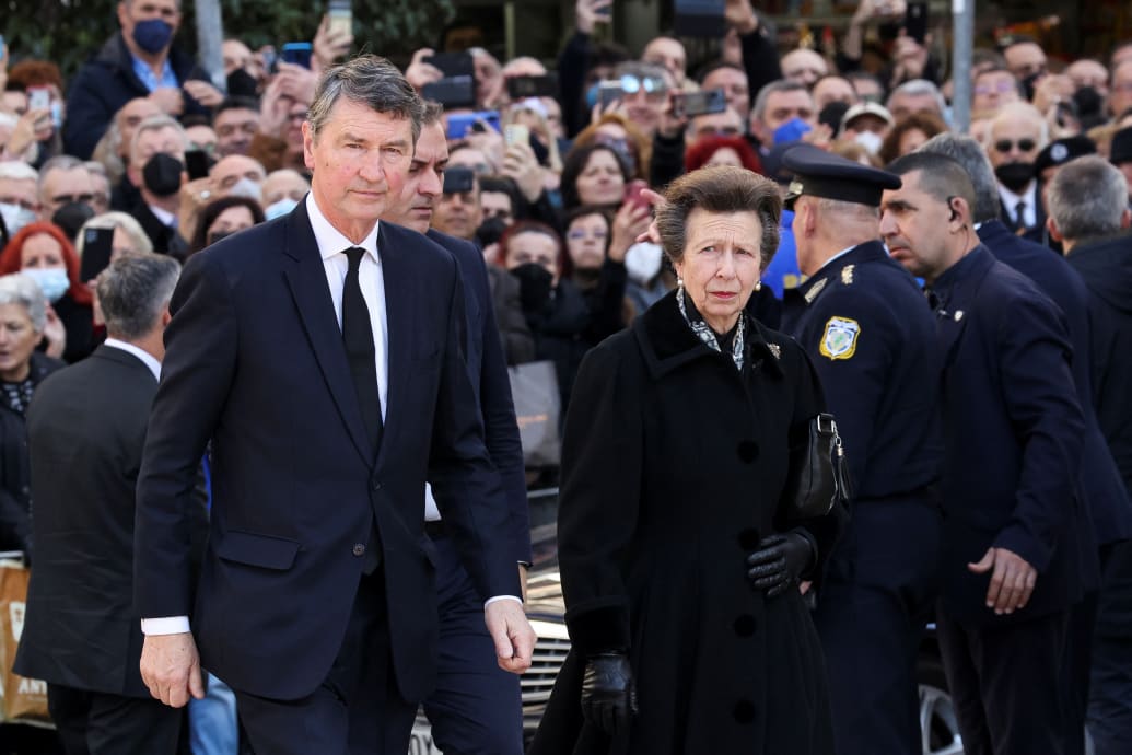 Britain's Princess Anne, the Princess Royal and her husband Vice Admiral Sir Timothy Laurence walk on the day of the funeral of former King of Greece Constantine II, in Athens, Greece, January 16, 2023.
