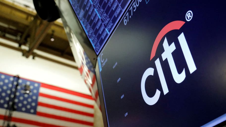 The logo for Citibank is seen on the trading floor at the New York Stock Exchange