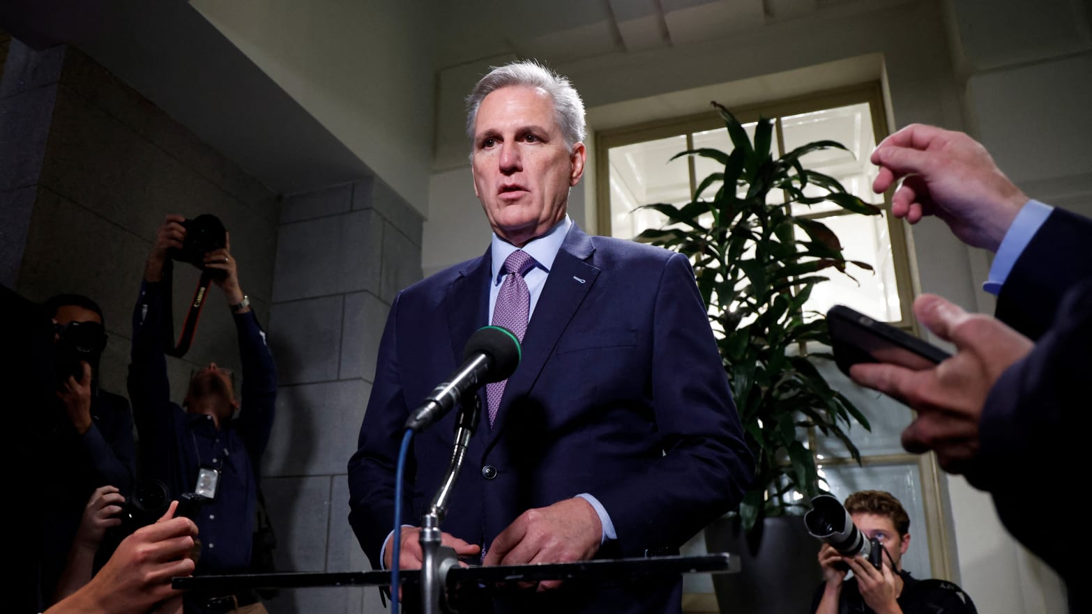 House Speaker Kevin McCarthy (R-CA) speaks with reporters after a House Republican conference meeting