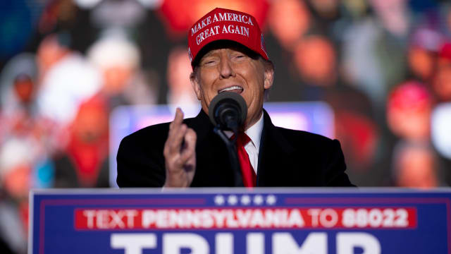 Republican presidential candidate, former President Donald Trump speaks at a rally in Schnecksville, Pennsylvania. 