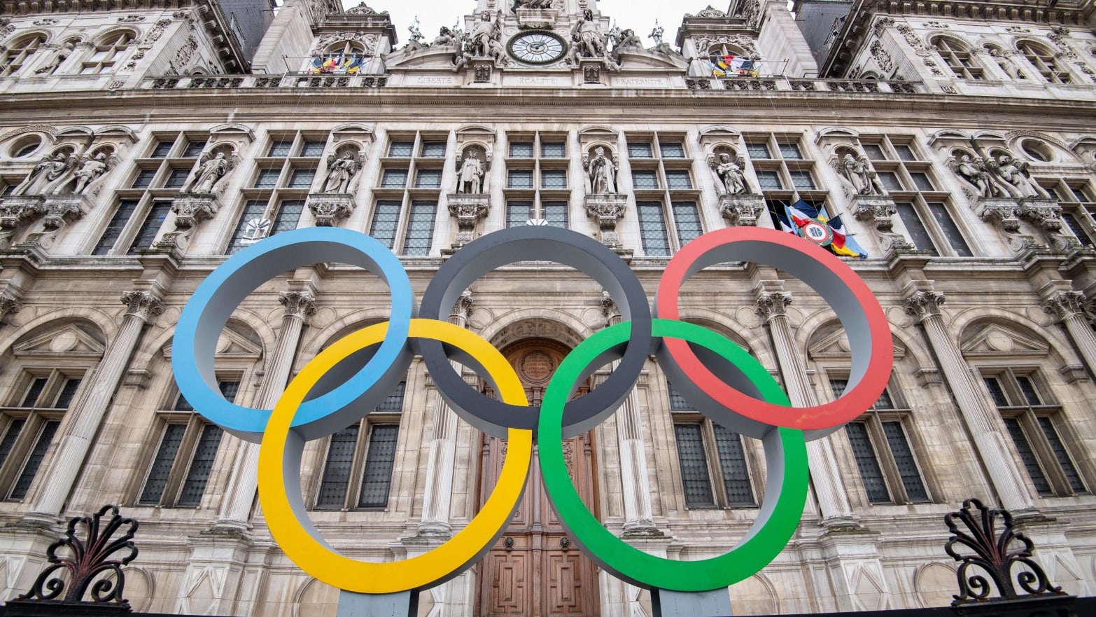 This general view shows the Olympic rings on display in front of The City Hall in Paris on March 13, 2023, ahead of the 2024 Olympic Games.