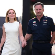 Oracle Red Bull Racing Team Principal Christian Horner and Geri Horner holding hands prior to the F1 Grand Prix of Bahrain at Bahrain International Circuit on March 02, 2024 in Bahrain.