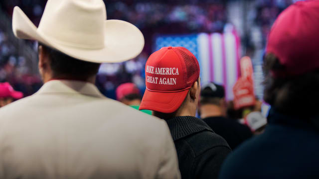 A photograph of a MAGA hat worn by President Donald Trip supporters at a rally in Houston, Monday, Oct. 22, 2018.