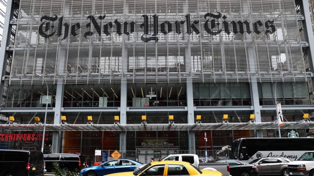 The New York Times logo is seen on the building in New York City, United States on October 27, 2022