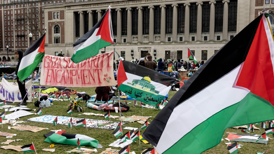 For the fifth day, pro-Palestinian students occupy a central lawn on the Columbia University campus, on April 21, 2024 in New York City. 