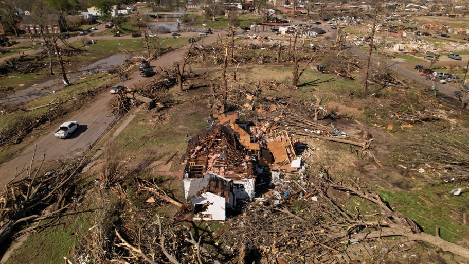 Aerial view of the destruction left by the tornado shows ravaged homes