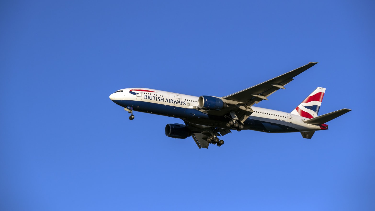 A British Airways Boeing 777 plane landing.