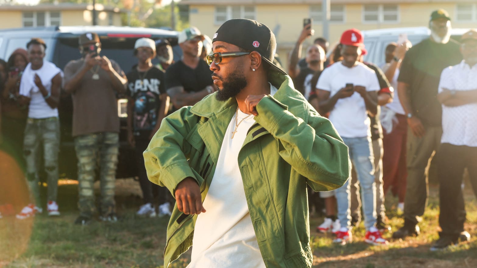 Kendrick Lamar dances during the music video shoot for "Not Like Us" at Nickerson Gardens on Saturday, June 22, 2024 in Watts, CA.