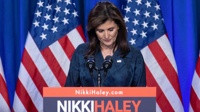 Nikki Haley stares down at a podium during a speech in South Carolina.