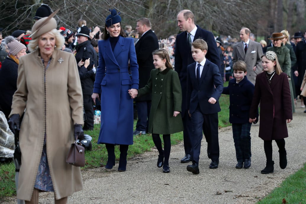 Queen Camilla, William, Prince of Wales, Catherine, Princess of Wales, Prince George, Princess Charlotte, Prince Louis and Mia Tindall arrive to attend the Royal Family's Christmas Day service at St. Mary Magdalene's church, December 25, 2023.